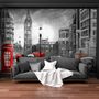 Monochrome Charcoal City Landscape and Red Bus Wallpaper Mural