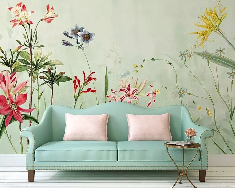 Papier peint panoramique de plantes et de fleurs colorées