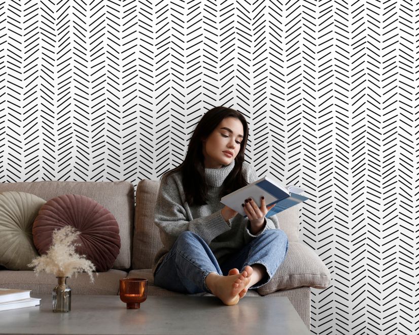 Modern Herringbone Line Black and White  Wallpaper Mural