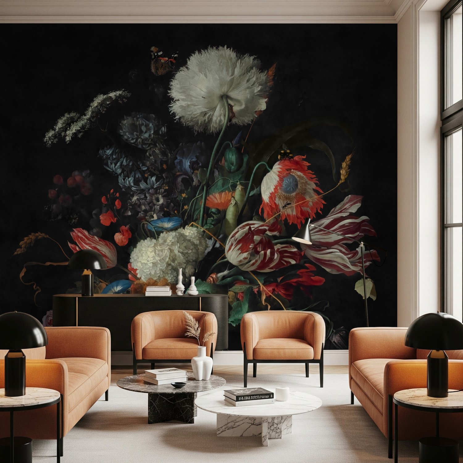 Dark Floral Bouqet with Tulips and Roses Wallpaper Mural - Peel and Stick