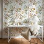 Watercolour floral wallpaper with sage leaves, blush and ochre flowers on a white ground