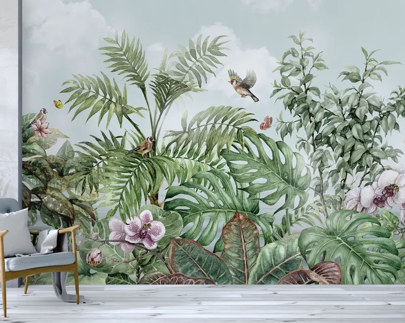 Tropical Leaves with Birds and Florals Wallpaper Mural