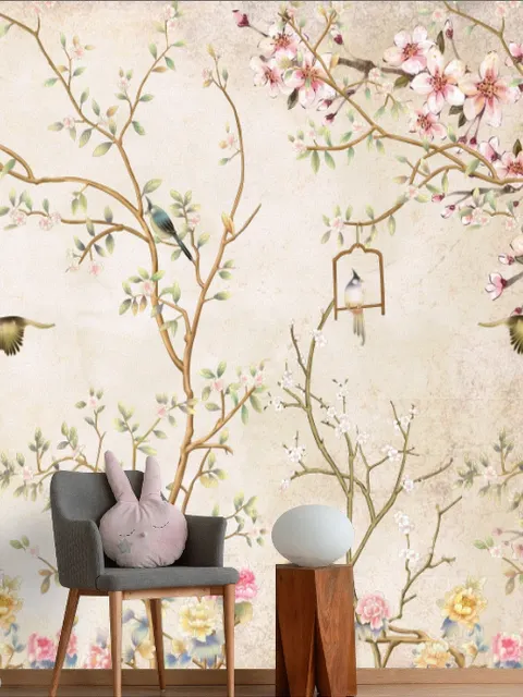 Papier peint fleurs chinoises douces petits oiseaux