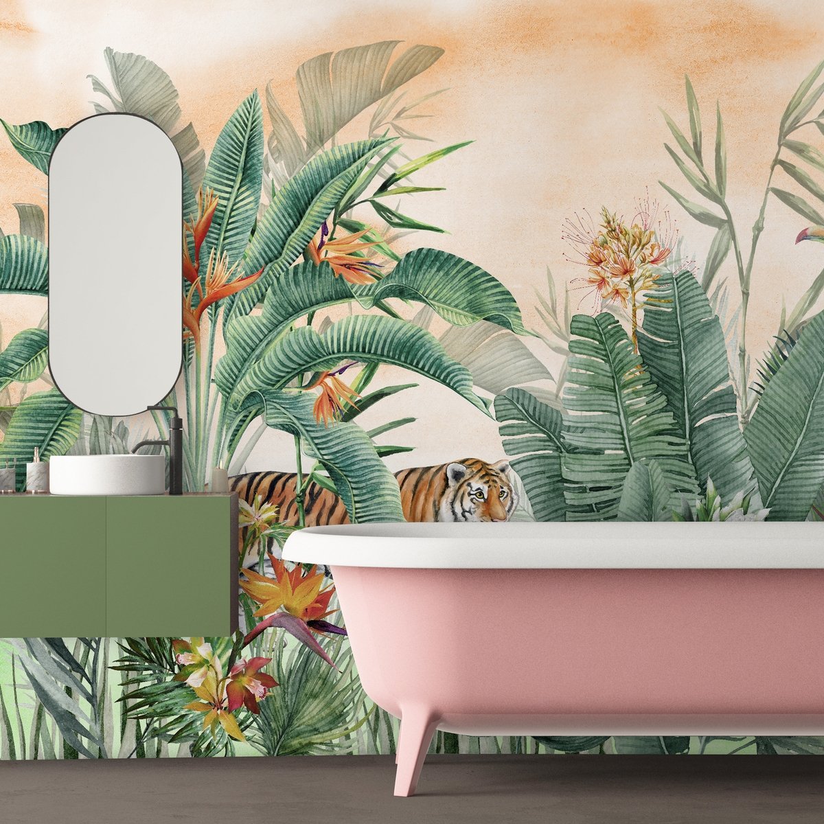 Tiger and Tropical Leaves Wallpaper Mural - Peel and Stick