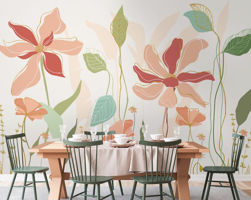 Gold Look Floral Garden Drawing Art Wallpaper Mural
