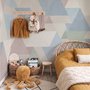 Pastel abstract wallpaper with overlapping sky blue, blush, cream, sage and grey textured triangles