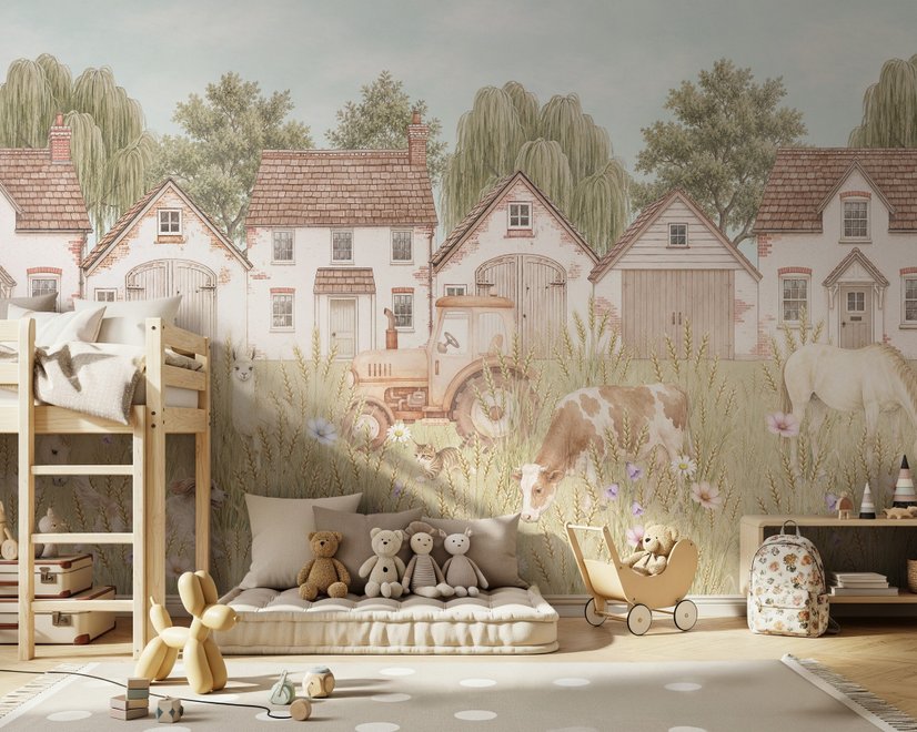 Watercolour farmhouse animal wall mural with cottages, horse, cow, tractor and wheat meadow