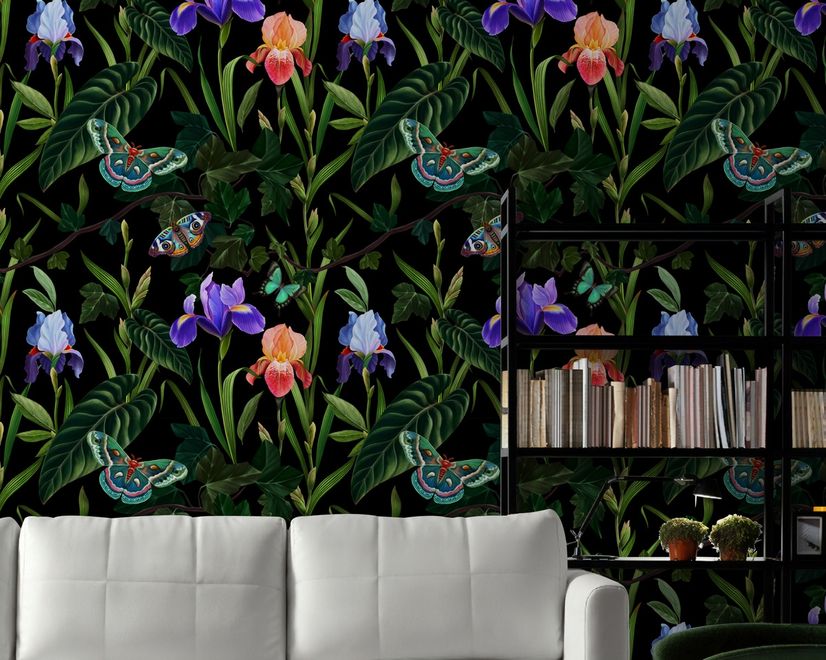 Dark Purple Flowers with Butterflies Wallpaper Mural