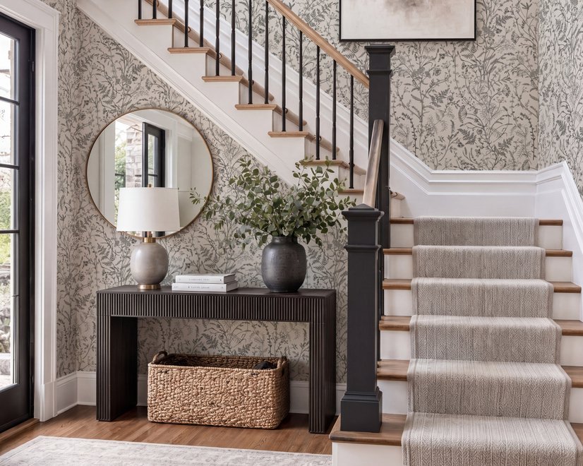 Black outline botanical wallpaper with charcoal wildflowers and grasses on a warm ivory cream ground