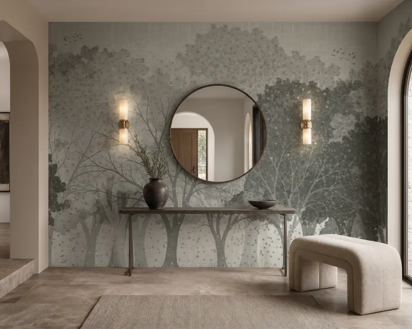 Light gray wallpaper mural with layered ink-wash woodland trees, falling leaves and birds