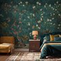 Floral wallpaper with birds in a teal chinoiserie garden with blossoms, pheasant, palms and stone railings