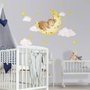 Kids Cute Mouse on the Crescent Moon and Watercolor Yellow Stars Wall Decal Sticker