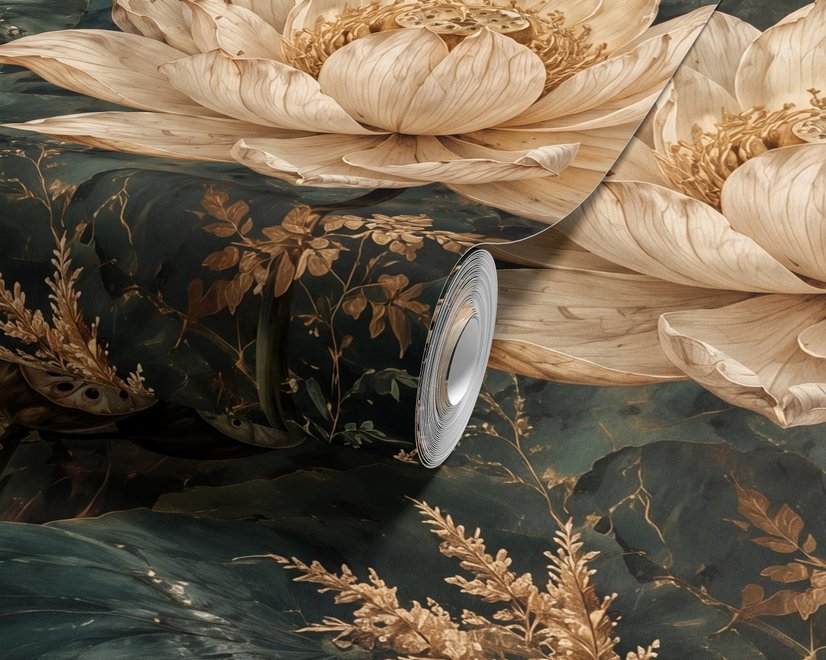 Ivory lotus flowers and seed pods on charcoal teal lily pads in a botanical lotus wallpaper mural