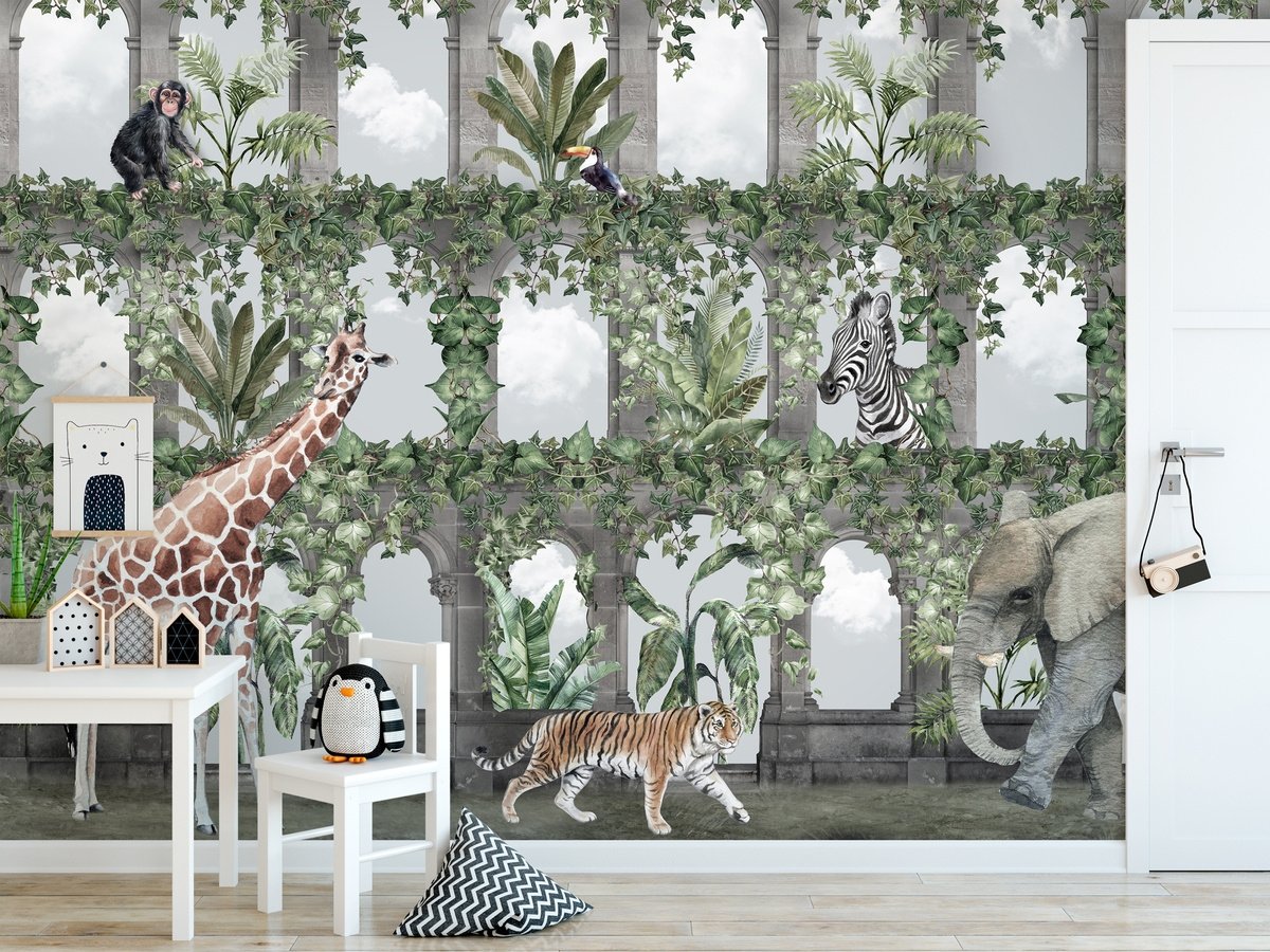 Kids Tropical Animals Around the Arch Wallpaper Mural - Peel and Stick