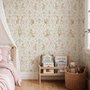 Cute rabbits wallpaper with woodland animals, white birds and acanthus scrolls on an ivory cream ground