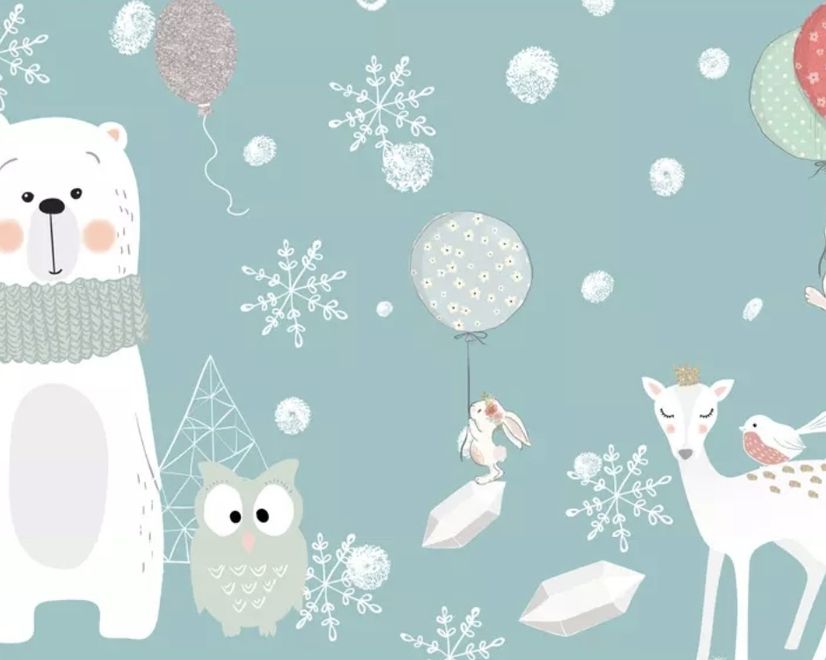 Cartoon Bear and Animal Friends with Snowflake Wallpaper Mural