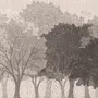 Misty forest nature wallpaper mural in greige, taupe and charcoal watercolour with birds