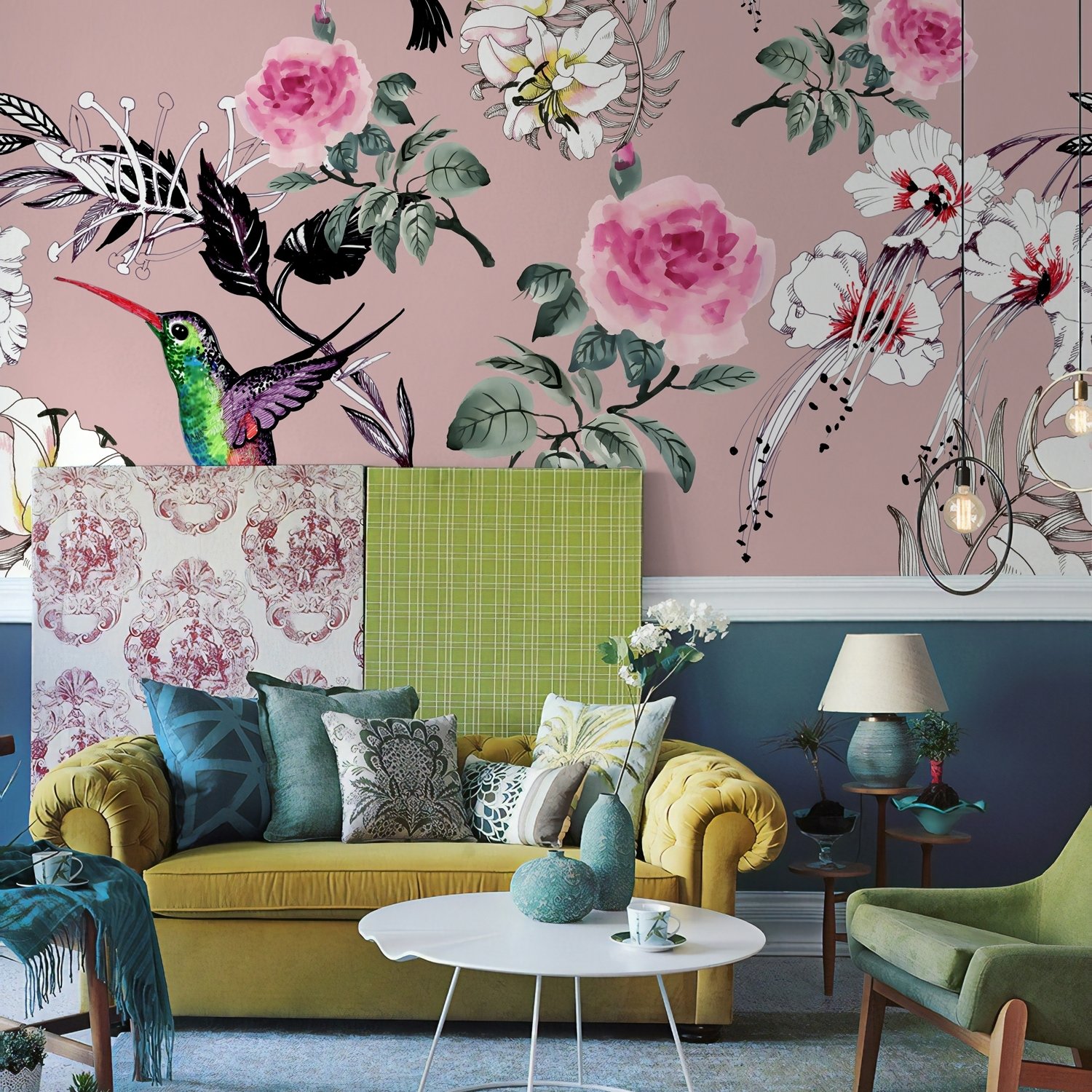 Vintage Pink Floral with Little Birds Wallpaper Mural - Peel and Stick