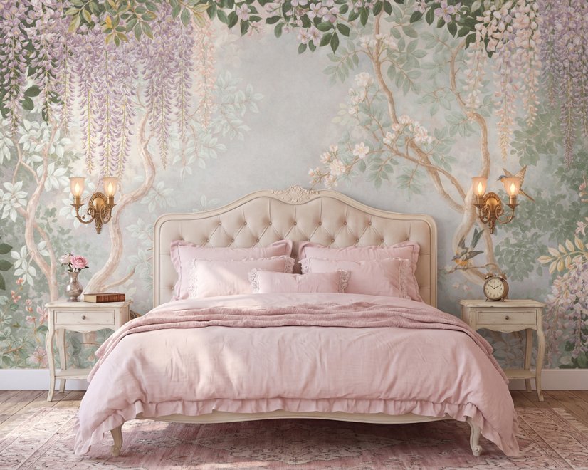 Watercolour nature wallpaper with lilac wisteria, pale trees, sage foliage and small songbirds around a misty clearing