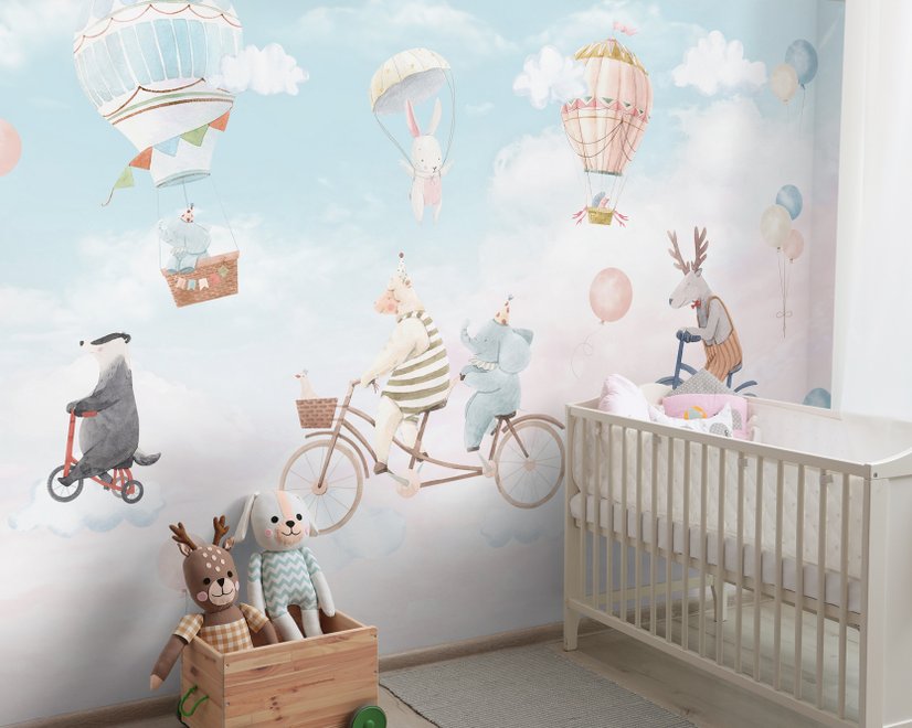 Watercolor Happy Animals in the Sky for Kids Wallpaper Mural