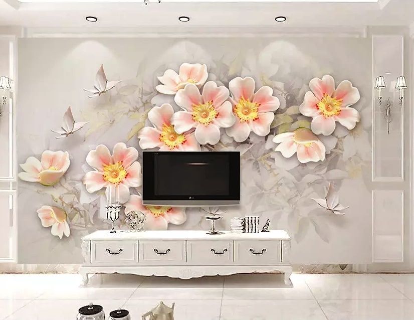 Pink Flower and White Butterfly Wallpaper Mural