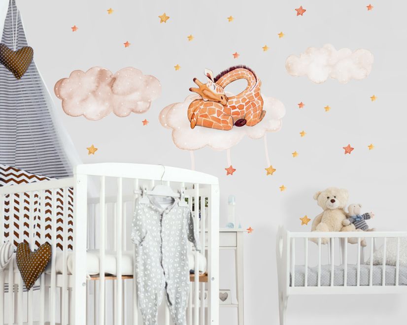 Nursery Watercolor Sleeping Giraffe and Clouds with Little Stars Wall Decal Sticker