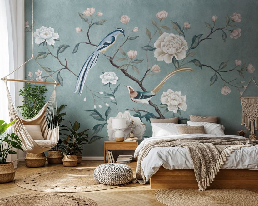 Vintage Peony Floral and Swallow Wallpaper Mural