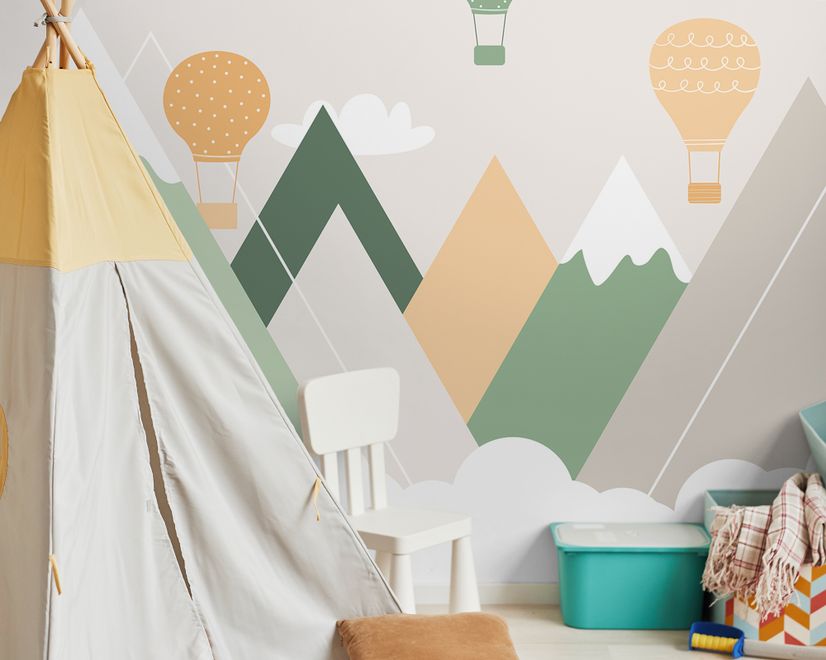 Nursery Mountain Landscape with Hot Air Balloons Wallpaper Mural