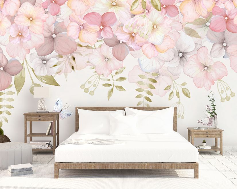 Pink Hydrangea Floral Art Wallpaper Mural