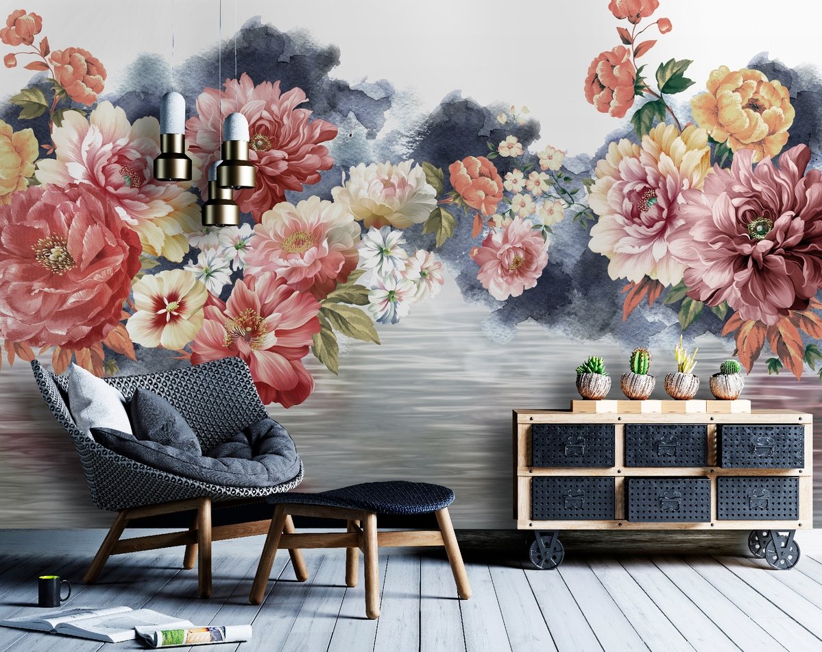 Vintage Red and Pink Blooms Floral on Smoky Background Wallpaper Mural - Peel and Stick