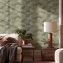 Light green and blue wallpaper with painted sage bamboo canes, olive leaves and pale celadon foliage ground