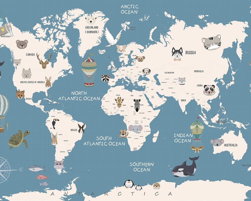 Kids Political World Map with Old Hot Air Balloons Wallpaper Mural