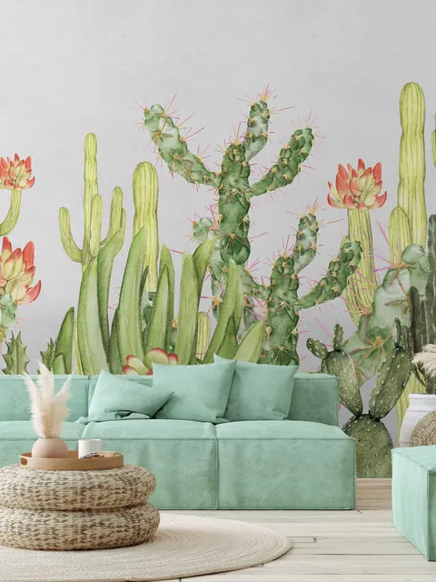 Aquarell Wüstenblumen und Kaktus Fototapete
