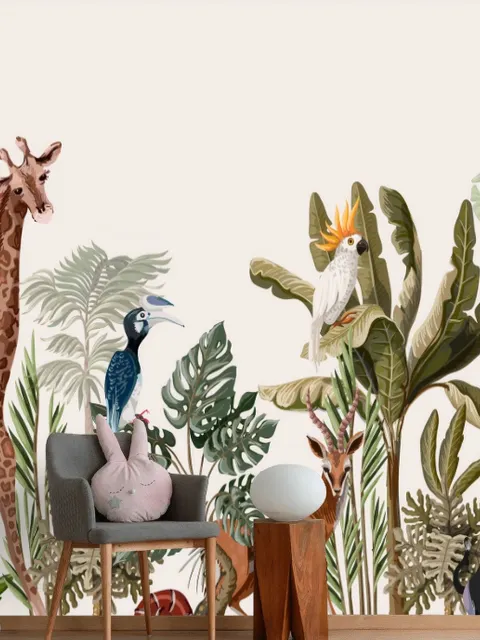 Watercolor Jungle and Safari Animals Wallpaper Mural