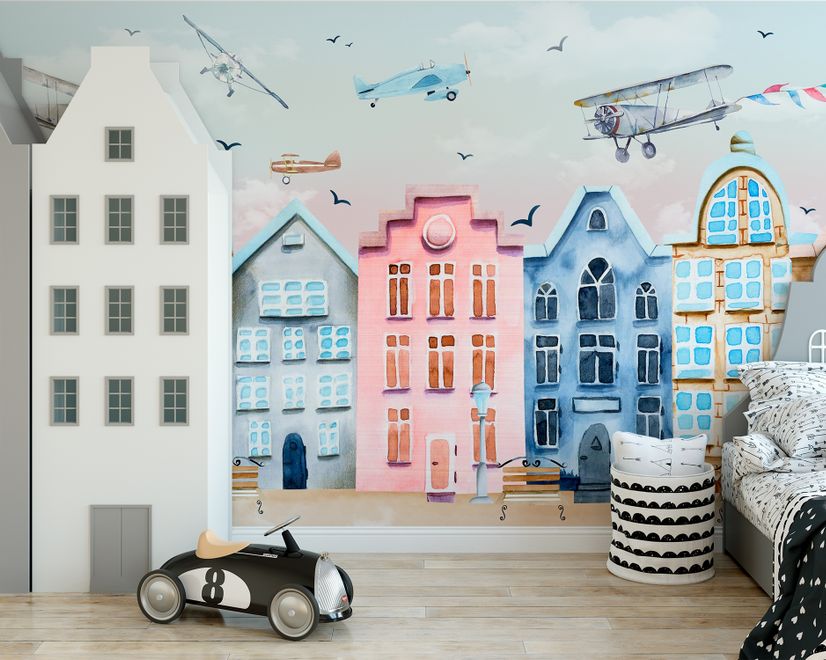 Papier peint hélicoptères maisons colorées style Amsterdam