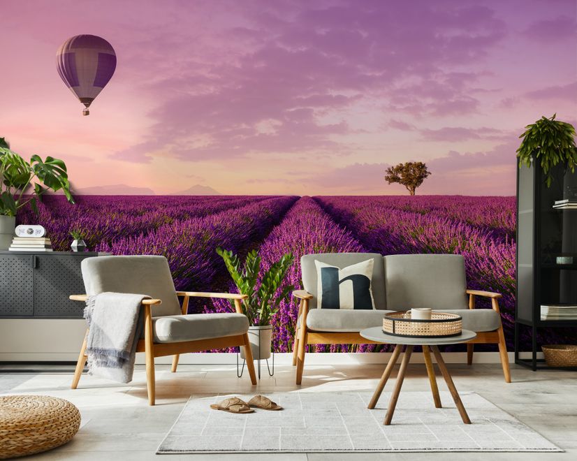 Serene Sunset Lavender and Balloon Landscape Wallpaper Mural