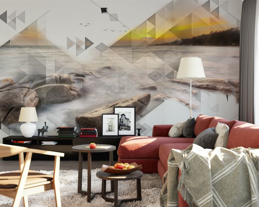 Papier peint panoramique paysage marin géométrique effet 3D