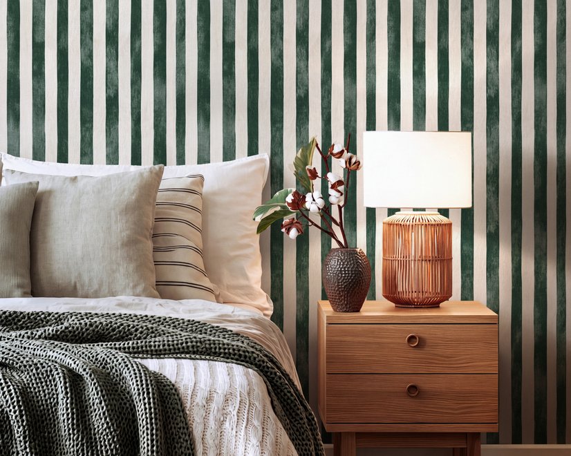Green striped minimalist wallpaper with vertical deep forest green bands on a soft warm ivory ground.