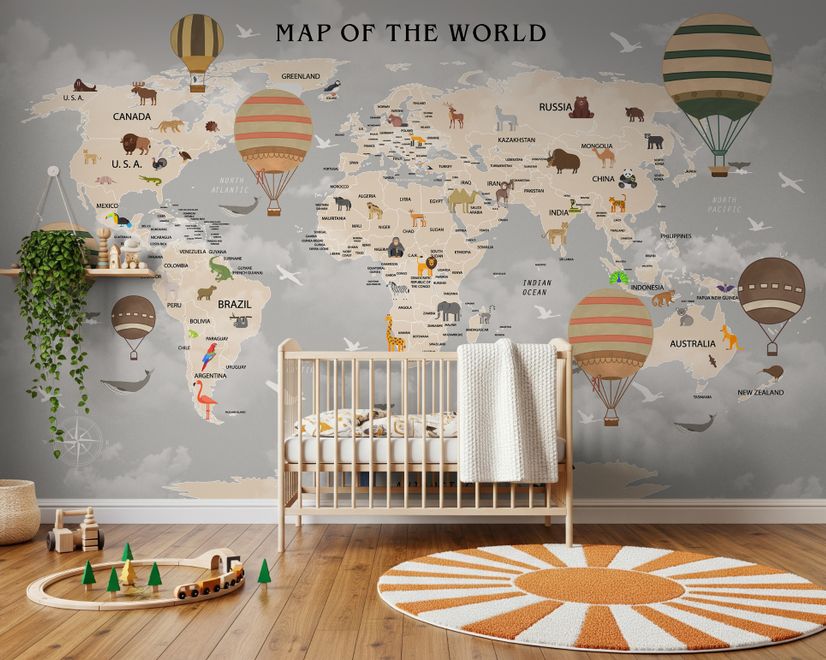 Kids World Map with Vintage Hot Air Balloon Wallpaper Mural