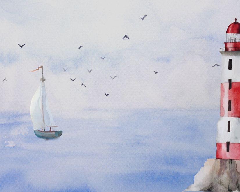Watercolor Lighthouse and Sailboat Wallpaper Mural