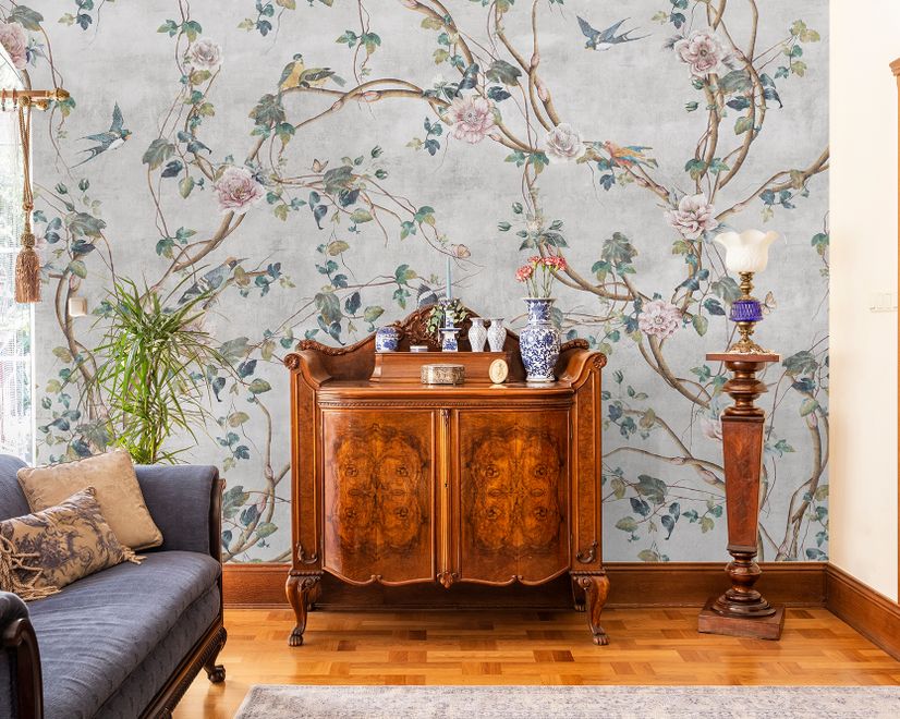 Watercolor Chinoiserie Floral Peony Blossom Wallpaper Mural
