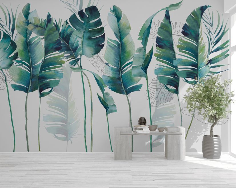 Monochrome Green Banana Leaf Wallpaper Mural