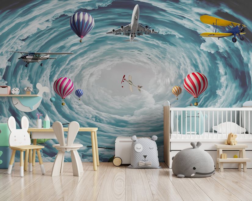 Hot Air Balloon and Airplanes on The Sky Wallpaper Mural