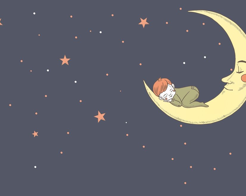 Cartoon Moon with Little Child and Night Sky Wallpaper Mural
