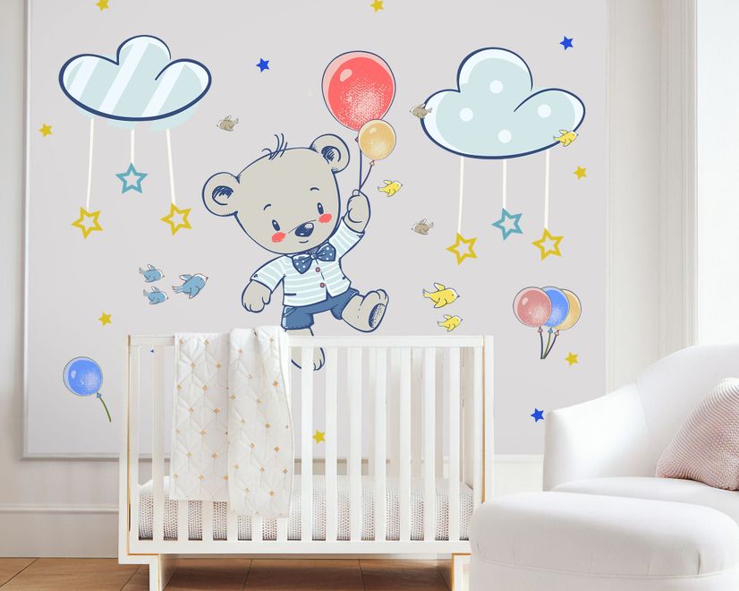 Kids Flying Cute Bear and Colorful Stars in the Cartoon Sky Wall Decal Sticker