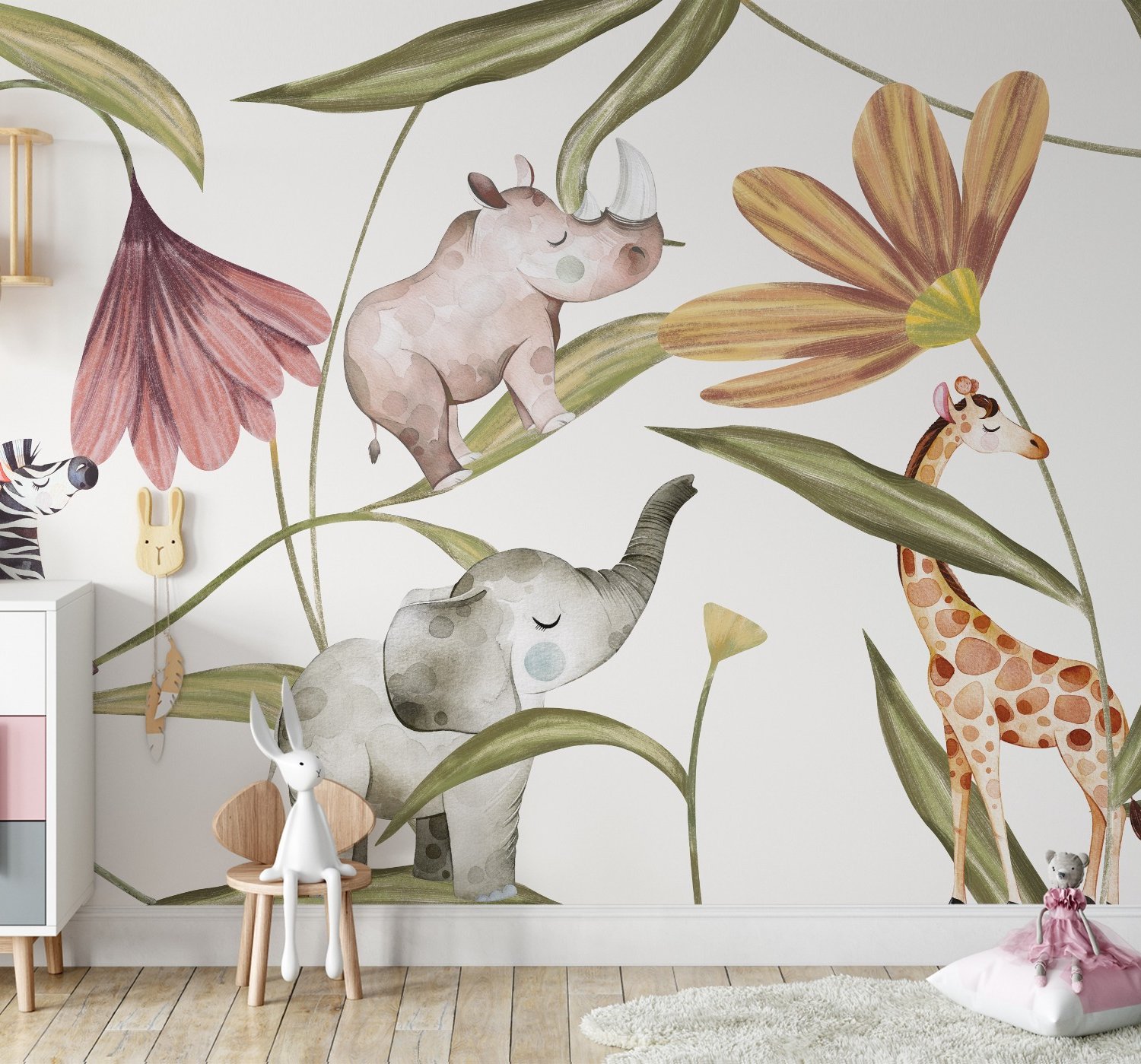 Nursery Tropical Animals with Flowers Wallpaper Mural - Peel and Stick