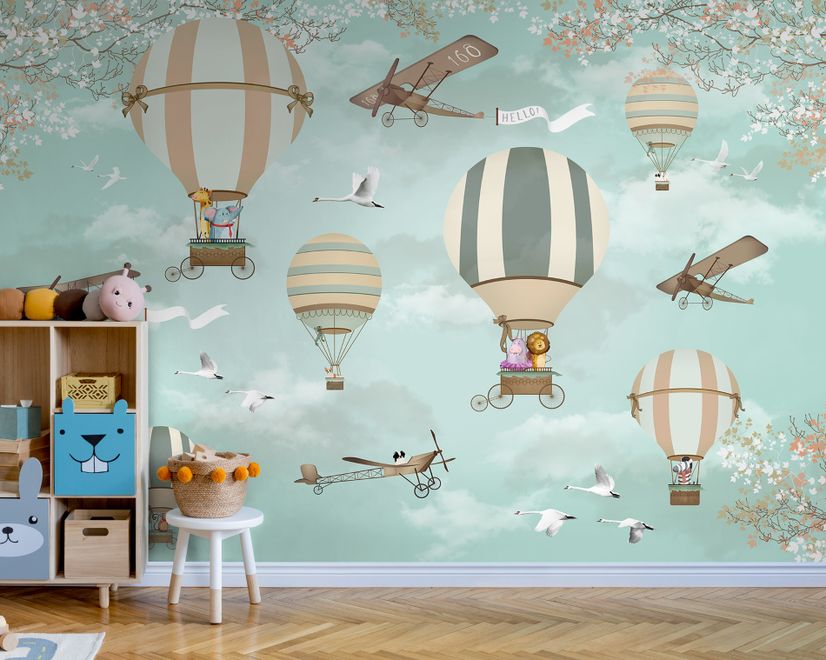 Hot Air Balloon with Animals Wallpaper Mural