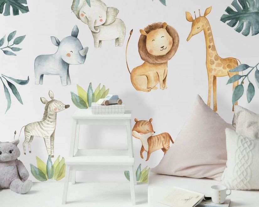 Kids Watercolor Safari Animals with Tropical Leaves Wall Decal Sticker