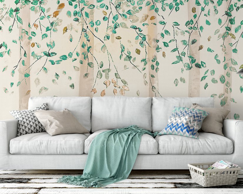 Aquarell-Stil Wald mit grünen braunen kleinen Blättern Fototapete