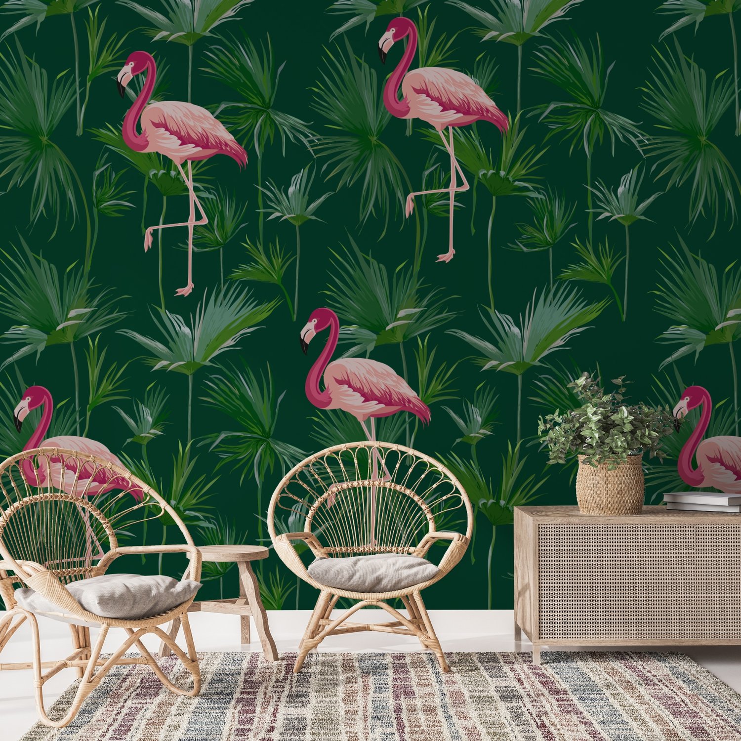 Pink Flamingo in the Tropical Forest Wallpaper Mural - Peel and Stick